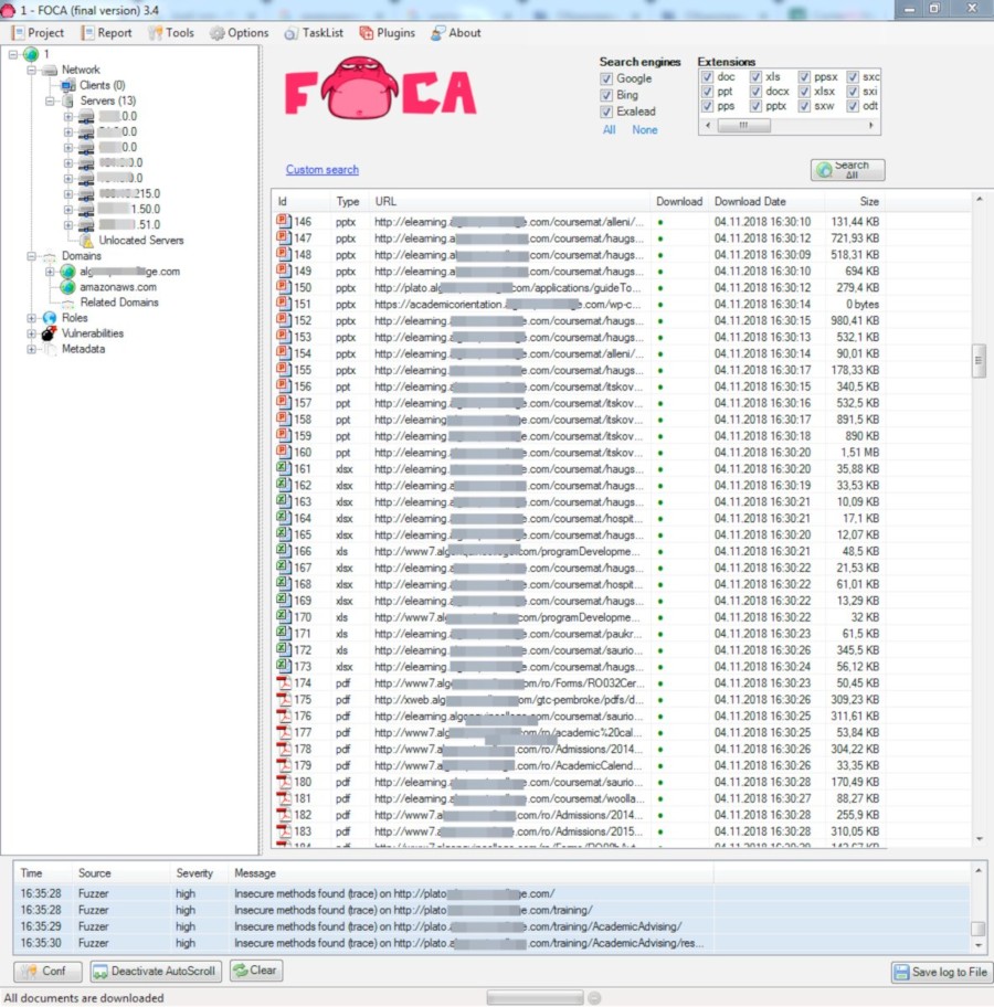 Результат поиска файлов с сайта программой FOCA
